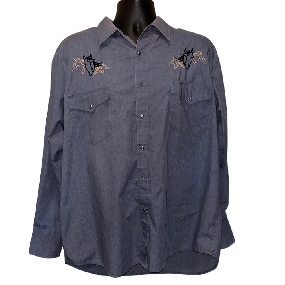 Vintage Round’em Western Gear Pearl Snap Shirt~Embroidered Horses~L